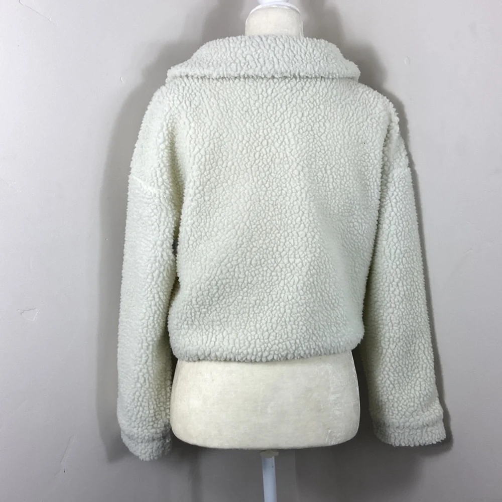 Shein Cream Double Flap Drop Shoulder Cropped Button Up Teddy Jacket XS - Picture 6 of 9